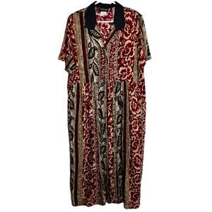 Vintage Cascais Maxi Dress 80s Short Sleeve Button Up Collared Leaf Maroon 14